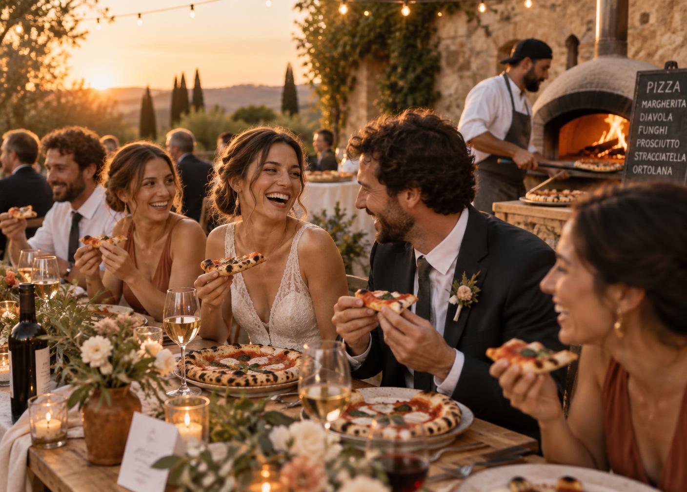 Wedding guests laughing and sharing woodfired Neapolitan pizza at a long outdoor table beside a glowing oven